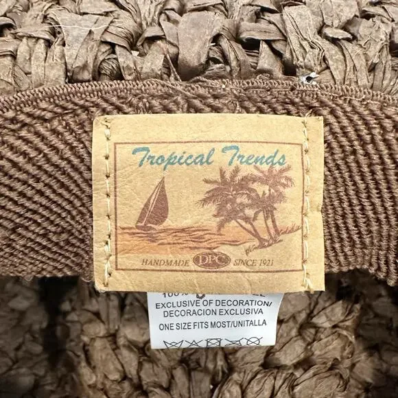 Tropical Trends Women’s Straw Hat Brown Flower Trim One Size Summer Wide Brim - Picture 5 of 8